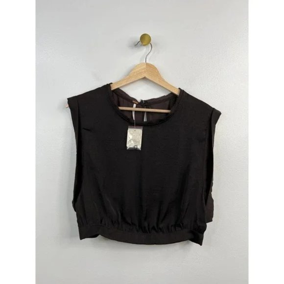 Free People Remi Draped Cap Sleeve Crop Top Elastic Hem Chocolate Sz: Large NWT - Picture 2 of 11